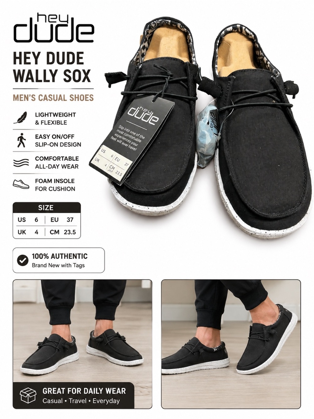 Hey Dude Wally Sox Men’s Slip-On Loafers in Black with White Sole